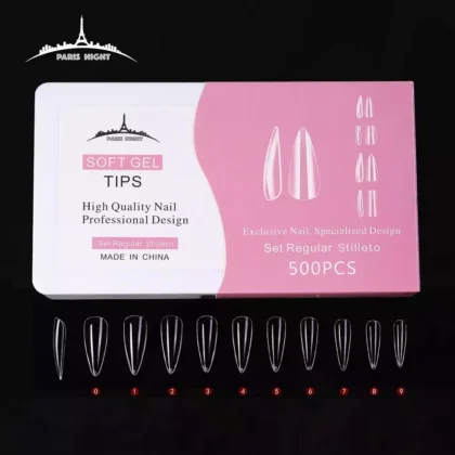 TIPS SOFT GEL STILETO REGULAR *500 EN CAJA TRANSPARENTE